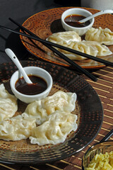 Chinese chicken filled dumplings with teriyaki sauce, served with chicken fried rice