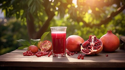 Pomegranate juice and ripe fruits on wooden table in garden. Healthy drink - obrazy, fototapety, plakaty