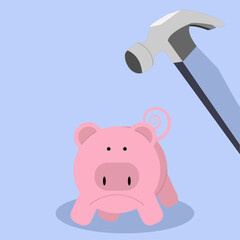 Hammer breaking into Piggy Bank, Dip into or take  Savings concept