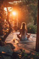 Girl doing yoga in her backyard on a wooden veranda with candles against the background of sunset view from the back