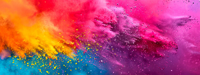 High-spirited crowd celebrating Holi with vibrant powder colors flying in the air, creating a dynamic and joyful scene.