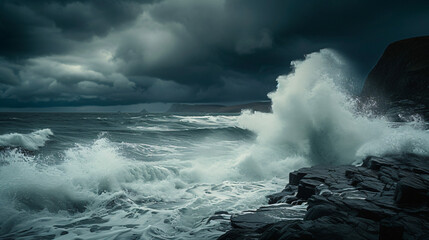 A powerful image of crashing waves on a rugged coastline under a stormy sky. - obrazy, fototapety, plakaty