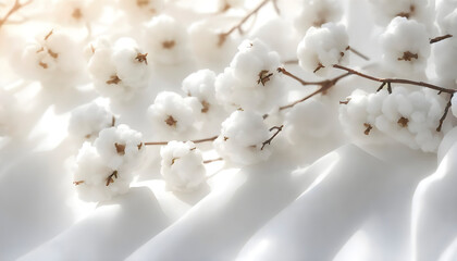 Cotton Plant Branches with White Fluffy Cotton Bolls Resting on Soft, Wavy White Fabric, with Warm Sunlight Creating a Gentle Glow and Soft Shadows