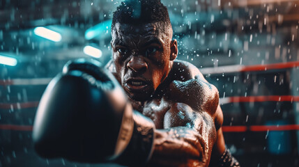 A powerful shot of a professional boxer throwing a punch sweat flying in a high-contrast gym setting.