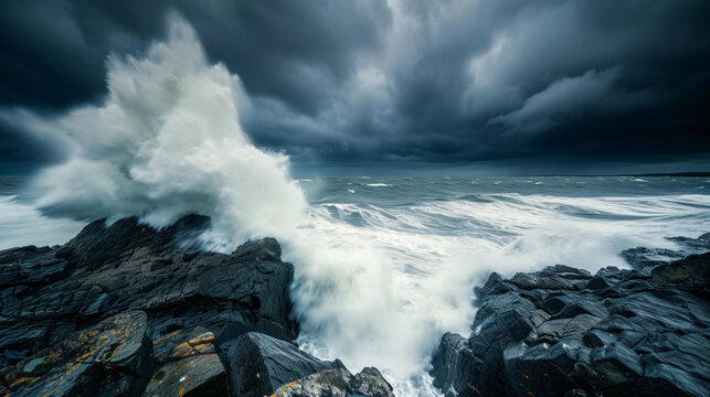 A powerful image of crashing waves on a rugged coastline under a stormy sky.