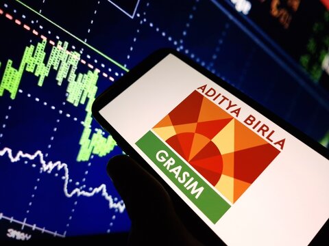 Konskie, Poland - February 05, 2024: Grasim Industries Limited company logo displayed on mobile phone