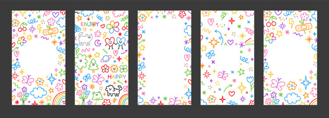 Cute kid scribble doodle frame poster template set. Flower star heart butterfly rainbow cloud element