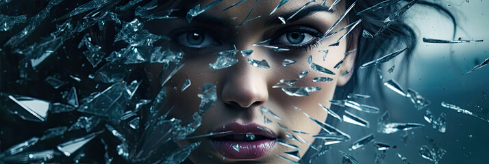 Woman looking through broken glass. Mental health and melancholy concept, fragile mind, depression, disillusionment, broken heart, grief, abuse, heartache, heartbreak, chaos and destruction.
