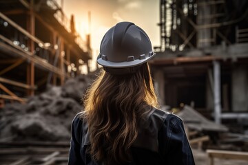 The back view of a woman with long hair wearing a safety helmet while gazing at a construction site, with the setting sun casting a warm glow