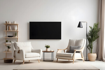 Mockup of a TV wall mounted with an armchair in the living room with a white wall design.