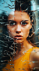 Beautiful woman looking through broken glass. Mental health and melancholy concept. Broken heart, grief, heartache, heartbreak, chaos and destruction theme.
