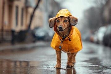 a dog dressed in a raincoat walks down the street