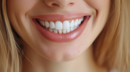 Obraz premium Banner perfect white teeth veneer smile close up, female winner smile, dental care and stomatology, dentistry, copy space