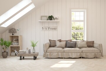 White living room with sofa. Scandinavian interior design. 3D illustration