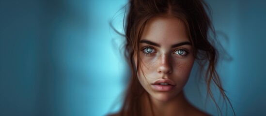 Beautiful young tanned natural beauty pretty attractive caucasian girl with freckles and blue or green eyes with perfect skin looking at camera on blue background