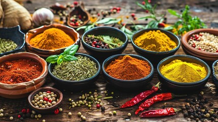 Fototapeta premium Colorful collection spices and herbs on background black table. Mediterranean condiments for decorating packing with food