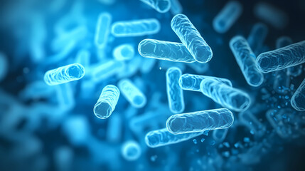 Various shapes of bacteria, probiotics under microscope, science, medicine concept background