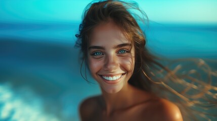 Beautiful young tanned natural beauty pretty attractive caucasian girl with freckles and blue or green eyes with perfect skin and toothy smile near the sea looking at camera and wind blowing her hair