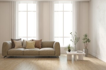 White living room with sofa. Scandinavian interior design. 3D illustration