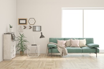 White living room with sofa. Scandinavian interior design. 3D illustration