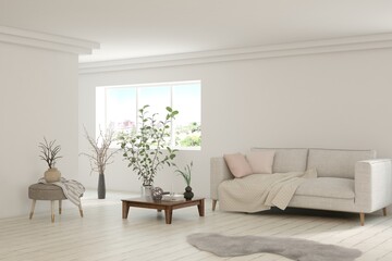 White living room with sofa. Scandinavian interior design. 3D illustration