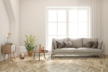 White living room with sofa. Scandinavian interior design. 3D illustration