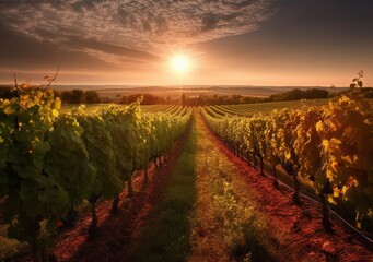 Fototapeta premium A sunlit vineyard with rows of grapevines