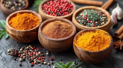 Variety of spices on kitchen table