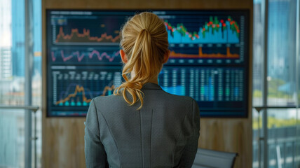 Fototapeta premium Woman standing in front of wall made of blue screens with numbers and graphs