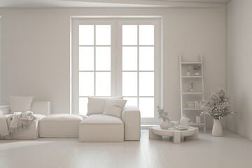Grey interior desigh concept with furniture. 3D illustration