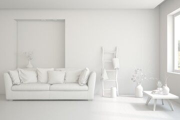 White living room concept with sofa. 3D illustration