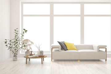 Fototapeta premium White living room with sofa. Scandinavian interior design. 3D illustration