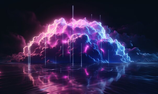 Neon digital cloud with data rain background. Purple 3d virtual information storage with colorful clouds of smoke and fog with accumulation of web resources