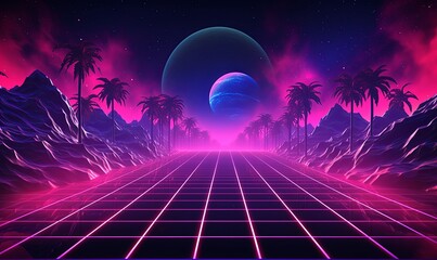 Neon glowing road with mountains and palm trees background. Cyber synthwave 3d night road with purple fog and straight mesh highway going to moon on horizon in 80s vaporwave design