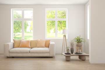 White living room with sofa and summer landscape in window. Scandinavian interior design. 3D illustration