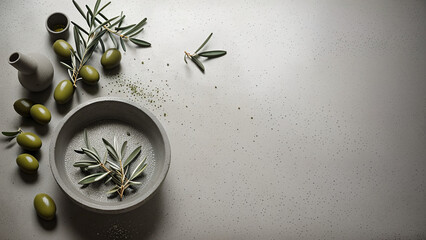 olives and dishes on the table - obrazy, fototapety, plakaty