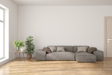 White living room with sofa. Scandinavian interior design. 3D illustration