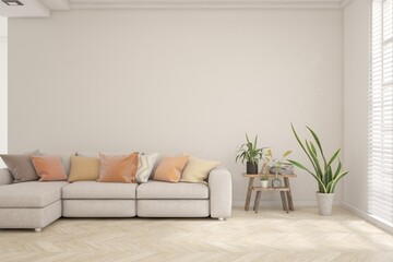 White living room with sofa. Scandinavian interior design. 3D illustration