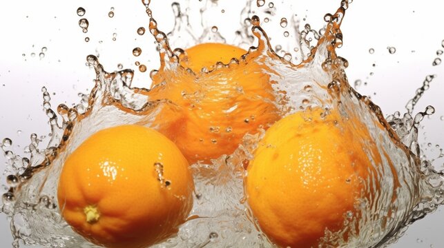 oranges falling in water splash isolated on white AI generative