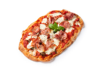 Pinsa con prosciutto, un tipo di pizza romana condita con prosciutto cotto, mozzarella, sugo e...
