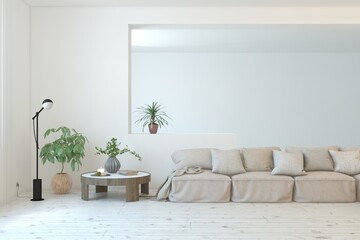 White living room with sofa. Scandinavian interior design. 3D illustration
