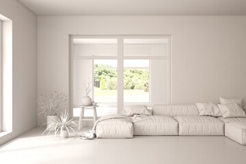 Grey living room concept with sofa and summer landscape in window. Scandinavian interior design. 3D illustration