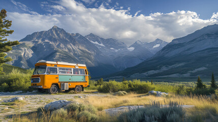 A retro-style vacation bus parked at a campsite surrounded by towering mountains.