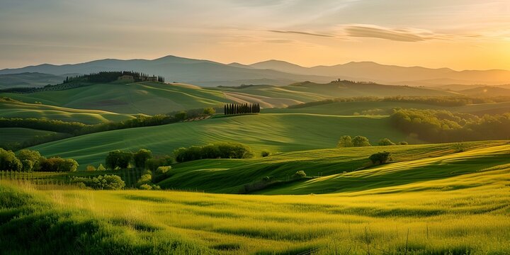 Serene sunset over rolling hills. lush green landscape bathed in golden light. a tranquil scene perfect for relaxation visuals. AI © Irina Ukrainets
