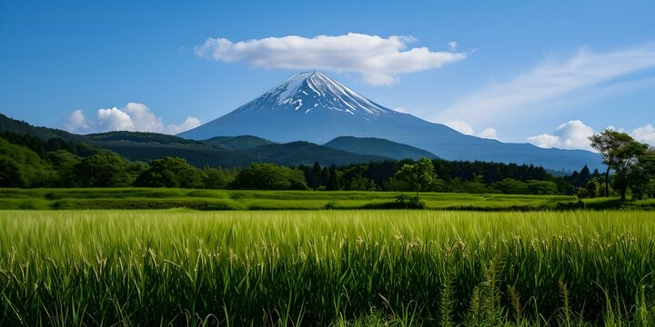 Majestic mountain towering over lush green fields under a clear blue sky. idyllic nature scene. perfect for landscape enthusiasts. AI
