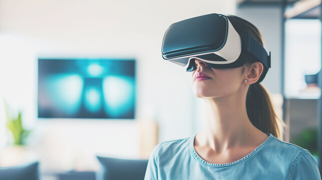 Adult woman uses VR headset in a modern living room, exploring virtual spaces