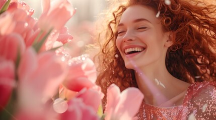 Naklejka premium Joyful young woman embracing nature surrounded by pink flowers. candid smile, natural beauty, outdoor portrait. AI
