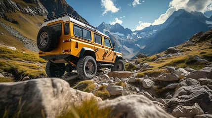 Fotobehang A rugged off-road vehicle tackling challenging terrain in a remote wilderness demonstrating power and durability. © Thomas