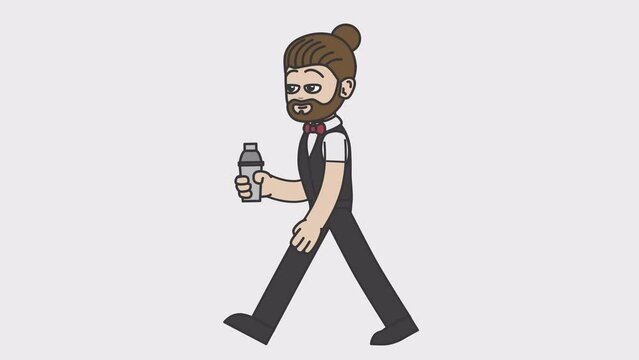 2d animation of walking white male bartender holding a shaker. Looped 4K video with alpha-channel.