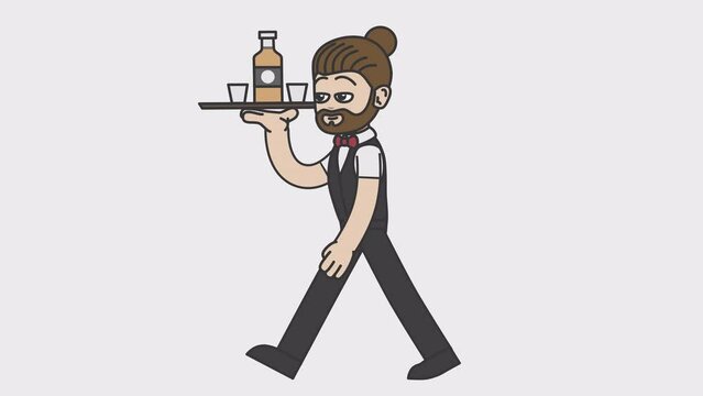 2d animation of walking white male bartender holding a tray with an alcohol. Looped 4K video with alpha-channel.